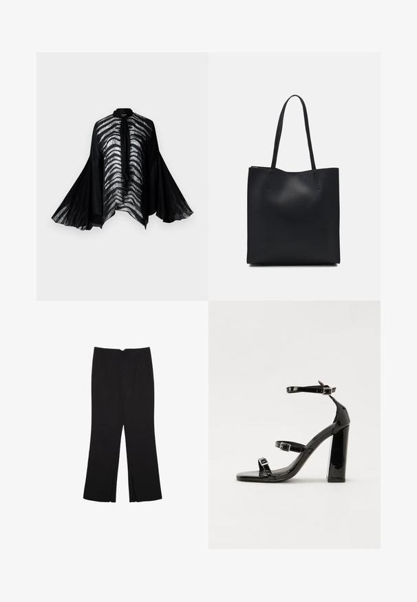 Črn prosojen kimono s širokimi zvonastimi rokavi, ki ima srebrn črtast vzorec po sprednji strani in eleganten detajl z vezanjem na vratu.; Črne hlače ravnega kroja z naglavnimi žepi in stranskimi razporki na robu. Narejene iz mehke, gladke tkanine. Primerne za različne priložnosti.; Črne lakirane sandale s peto, kvadratnim prstom, trakovi okrog gležnja in srebrnimi zaponkami. Opremljene so s stabilno Debelo peto.; Črna usnjena torba s svilnato teksturo, pravokotne oblike in dvema dolgima ročajema. Brez vidnih metalnih delov ali okrasnih elementov.