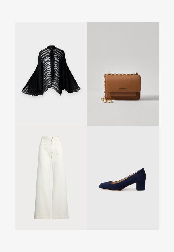 Kimono negro transparente con amplias mangas de campana, que presenta un diseño de rayas plateadas en la parte delantera y un elegante detalle de lazo en el cuello.; Jeans de pierna ancha en denim color blanco roto. Diseño de cintura alta con cierre de botón, dos bolsillos frontales y detalles de costura en contraste.; Zapato de tacón de ante azul marino con punta afilada y tacón bloque de altura media. Textura suave con un ligero brillo y un pequeño corte en la parte delantera.; Bolso crossbody de cuero texturizado marrón con correa de cadena dorada y cierre de solapa. La parte frontal presenta un detalle de logo y un bolsillo debajo de la solapa.