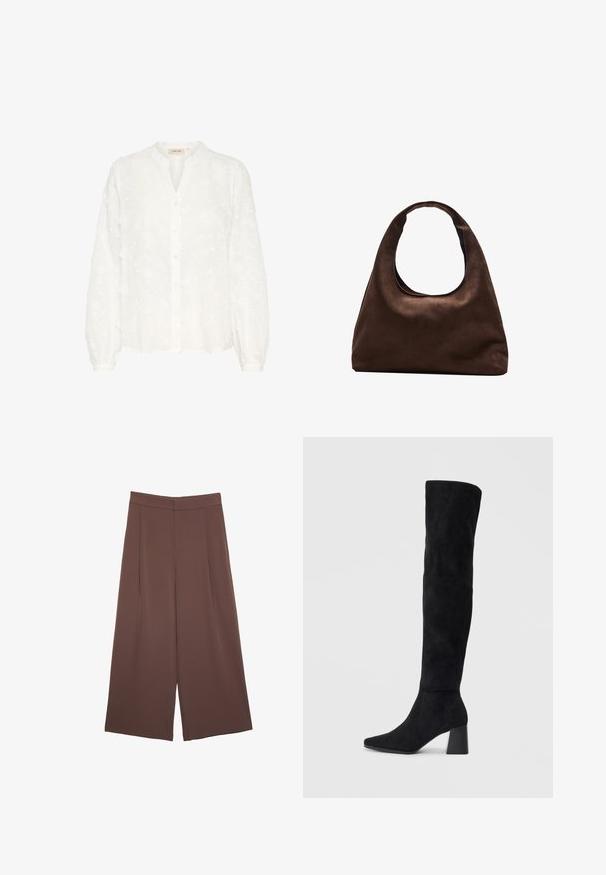 Weiße bestickte Bluse mit Henley-Ausschnitt, langen puffärmeligen Ärmeln, Knopfverschluss und floralen Mustern. Weicher, leichter Stoff.; Braune Weite-Leg-Hosen mit einer glatten Textur, hoher Taille und Vorderfalten. Der Stoff ist leicht und fällt locker.; Schwarze Wildleder-Stiefel bis zum Knie mit Blockabsatz, spitzer Zehe und glattem, nahtlosem Design auf einem schlichten, hellen Hintergrund.; Weiche braune Hobo-Stil Handtasche mit einem einzigen breiten Trageriemen und einer geschwungenen Oberteilöffnung, auf einem weißen Hintergrund präsentiert.