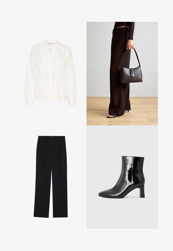 White embroidered blouse featuring a henley neck, long puffed sleeves, button fastening, and floral patterns throughout. Soft, lightweight fabric.; Black trousers with a straight-leg design, featuring two front pockets and a waistband. Made from a smooth, lightweight fabric.; Black patent leather ankle boot with a pointed toe and a mid-height block heel. Smooth texture and minimalist design.; Black handbag with structured shape, smooth texture, and a metallic clasp. Paired with wide black pants and open-toe sandals on wooden floor.