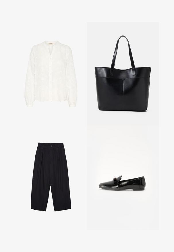 Weiße bestickte Bluse mit Henley-Ausschnitt, langen puffärmeligen Ärmeln, Knopfverschluss und floralen Mustern. Weicher, leichter Stoff.; Schwarze Polyester-Culotte mit einem elastischen Bund, zwei vorderen Falten und einer lockeren Silhouette. Keine sichtbaren Muster oder Hardware-Details.; Schwarze Lackleder-Lederschuhe mit flacher Sohle, runder Spitze und einem dekorativen Riemen mit einem goldfarbenen Akzent. Glattes, glänzendes Finish.; Schwarze Leder-Shopper-Tasche mit zwei langen Griffen, einer glatten Textur und einer strukturierten Form. Verfügt über eine Vordertasche für zusätzlichen Stauraum.