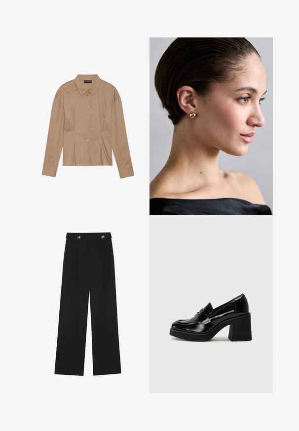 Ruda ilgomis rankovėmis marškinėliai su apykakle, priekyje užsegami mygtukais ir su klostėmis. Pagaminta iš lygaus audinio, turi prigludusį dizainą.; Juodi plačios kojos kelnės su aukštu liemeniu, sagų detalėmis ant liemens ir priekinėmis raukšlėmis.; Juodos lakuotos odos loafer'iai su stambiu blokuotu kulnu, kuriuose yra pakeltas siūlas ir puošni lankelio detalė priekyje.; Auksiniai sferiniai auskarai, dėvimi ant žmogaus ausies, pabrėžiantys lygų paviršių ir poliruotą apdailą, prieš neutralų foną.