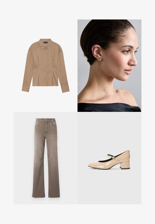 Brūna garām piedurknēm krekls ar apkakli, pogu slēgšanu un plisēšanas detaļām. Izgatavots no gludas auduma ar pieguļošu dizainu.; Brūnas augsta vidukļa taisnas kājas džinsi ar priekšējo pogu, jostu cilpiņām un klasisko piecu kabatu dizainu uz baltas fona.; Beīgas lakuotas Mary Jane kurpes ar mākslīgo purngalu, sprādzes siksniņu un vidēja augstuma blokveida papēdi. Gluda tekstūra ar spīdīgu apdari.; Zelta sfēriskie stud auskari, kas valkāti uz personas auss, uzsverot gludu virsmu un spīdīgu apdari, uz neitrāla fona.
