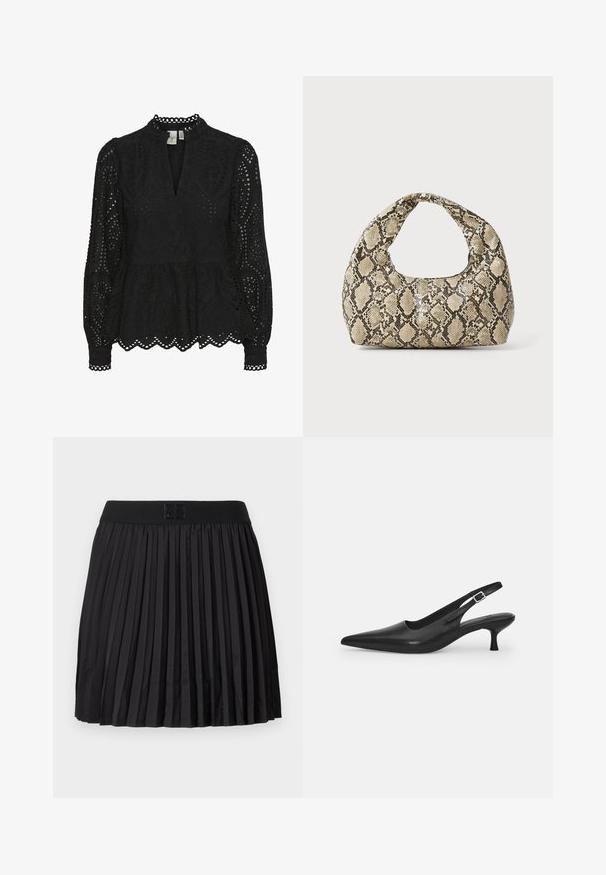 Blusa preta com gola alta, mangas longas e padrões recortados intrincados, com saia peplum e bordas rendilhadas.; Saia preta plissada com uma textura suave, apresentando uma cintura preta sólida e um detalhe de logotipo embutido na parte da frente.; Shoe slingback preta em pele com bico fino e um salto slim e curvado. Apresenta uma tira ajustável discreta com uma fivela de metal.; Bolsa com padrão de pele de cobra e uma alça curva. Feita de materiais texturizados em bege e castanho, apresentando um padrão de diamante distintivo.