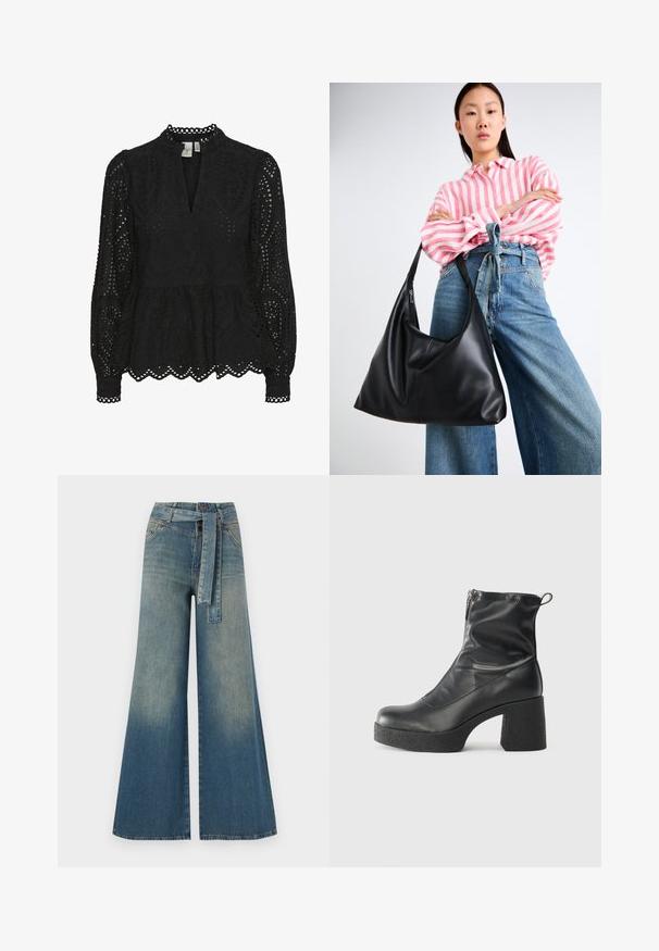 Must must have, kõrge kaeluse, pikkade varrukatega ning keerukate lõikekomplektidega must blousee, millel on peplum-tüüpi alus ja sakilised servad.; Laiad denimpüksid, millel on hele tume sinine gradiendiefekt, kõrge vöökoht, vöökumlid ja sobivast kangast vöö. Struktureeritud denimi viimistlus.; Mustad mustad ansapüksid, mis on valmistatud siledast nahast, külje zipperiga, paksu tekstuuriga kontsaga ja ümmarguse nina disainiga.; Must musta õlakott lahtise kuju ja õmbluse detailidega. Mudel kannab roosa ja valge triibulist särki koos laia jalgadega siniste teksadega.