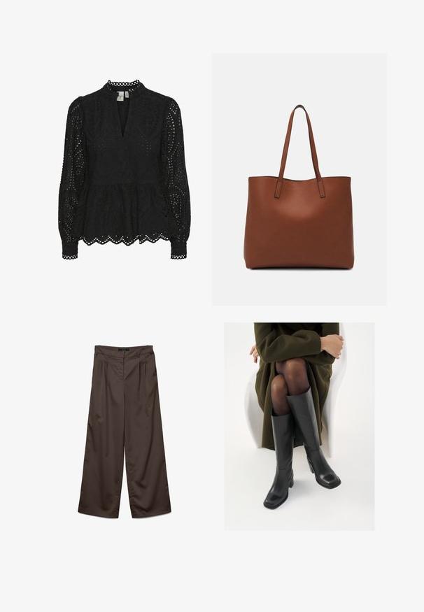 Blusa preta com gola alta, mangas longas e padrões recortados intrincados, com saia peplum e bordas rendilhadas.; Calças largas de tecido castanho escuro com uma textura suave. As características incluem pregas na frente e um cós padrão.; Botas de couro pretas até ao joelho com biqueira quadrada e salto em bloco, apresentadas com um modelo sentado num casaco verde-azeitona. Textura lisa, com detalhes mínimos.; Bolsa tote de couro castanho com uma textura suave, design de abertura superior e duas alças para o ombro. Apresenta costura mínima e sem hardware visível.