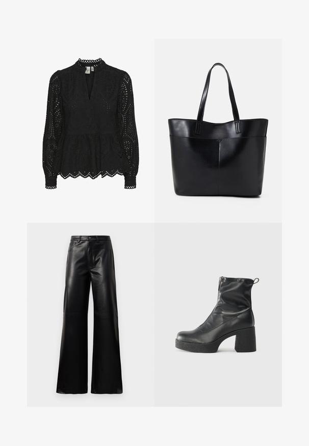 Čierna blúzka s vysokým golierom, dlhými rukávmi a zložitými výrezmi, s peplum lemu a vlnitými okrajmi.; Čierne vysokopriestené široké nohavice z umelého kože s predným gombíkom, zipsom, pútkami na opasok a bočnými vreckami na bielom pozadí.; Čierne členkové topánky z hladkej kože, so bočným zipsom, robustnou textúrovanou pätnou časťou a zaobleným dizajnom špičky.; Čierna kožená tote taška s dvoma dlhými rúčkami, hladkým povrchom a štruktúrovaným tvarom. Obsahuje prednú kapsu pre dodatočné uskladnenie.