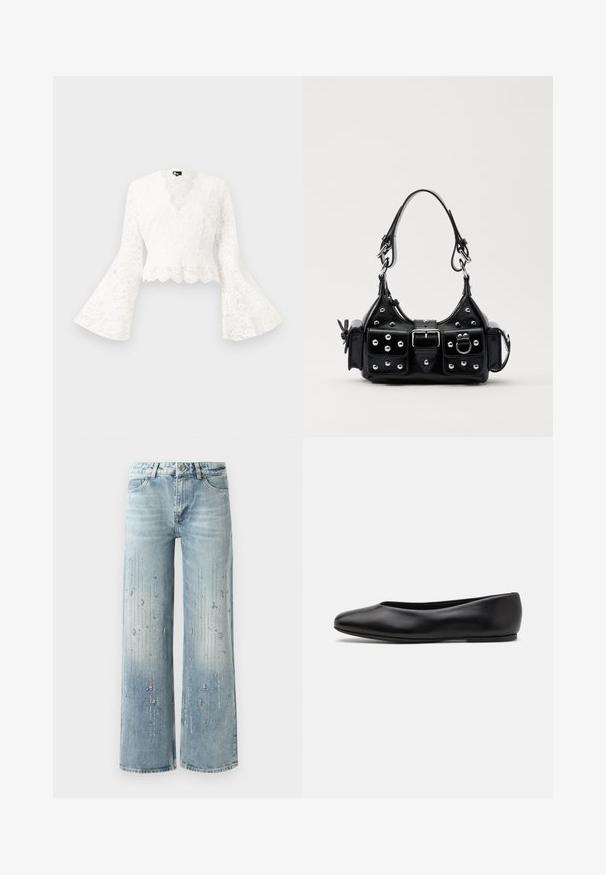 Bijela čipkasta kratka jakna s zvonastim rukavima, koja ima valoviti rub i duboki V-izrez. Mekana tekstura s složenim cvjetnim uzorcima.; Svijetloplave široke traperice od denima, s gradijentnim efektom boje i ukrasima od srebrnih rhinestona u vertikalnom uzorku.; Paul Smith TOPANGA - Balerinke - black; Crna kožna torba s zakrivljenim dizajnom, koja sadrži srebrne zakovice, kopču i dva bočna džepa. Podesiva traka za različite opcije nošenja.