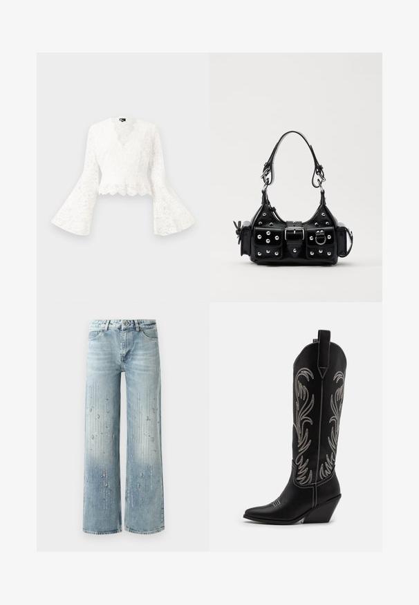 White lace cropped jacket with bell sleeves, featuring a scalloped hem and a deep V-neck design. Soft texture with intricate floral patterns.; Light blue wide-leg jeans made of denim, featuring a gradient color effect and embellishments of silver rhinestones in a vertical pattern.; Black leather cowboy boots with pointed toes, wedge heels, and silver embroidered floral patterns along the shaft. Contrast stitching throughout.; Black leather handbag with a curved design, featuring silver studs, a buckle, and two side pockets. Adjustable strap for carrying options.