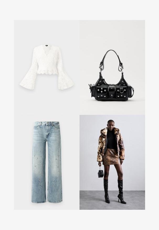 Valkoinen pitsinen lyhyt takki, jossa on kellotakit, kauniisti kaareva helma ja syvä V-kaula-aukko. Pehmeä rakenne, jossa on monimutkaisia kukkakuoseja.; Vaaleansiniset väljät farkut, joissa on denimiä, gradientoiva väriefekti ja hopeisten strassikivien koristelu pystysuoralla kuviolla.; Puffer-takki ruskealla ja mustalla kuviolla, yhdistettynä ruskeaan käärmeennahkakuosiseksi mini-hameeseen, mustiin polvimittaisiin saappaisiin ja pieneen mustaan laukkuun.; Musta nahkainen käsilaukku, jossa on kaareva muotoilu, hopeiset niitit, solki ja kaksi sivutaskua. Säädettävä olkahihna erilaisiin kantovaihtoehtoihin.