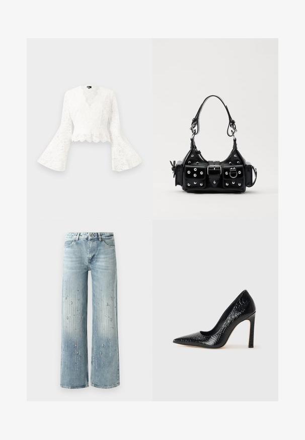 White lace cropped jacket with bell sleeves, featuring a scalloped hem and a deep V-neck design. Soft texture with intricate floral patterns.; Light blue wide-leg jeans made of denim, featuring a gradient color effect and embellishments of silver rhinestones in a vertical pattern.; Black pointed-toe high heel shoe with a crocodile-skin texture, featuring a sleek design, high stiletto heel, and smooth black interior.; Black leather handbag with a curved design, featuring silver studs, a buckle, and two side pockets. Adjustable strap for carrying options.