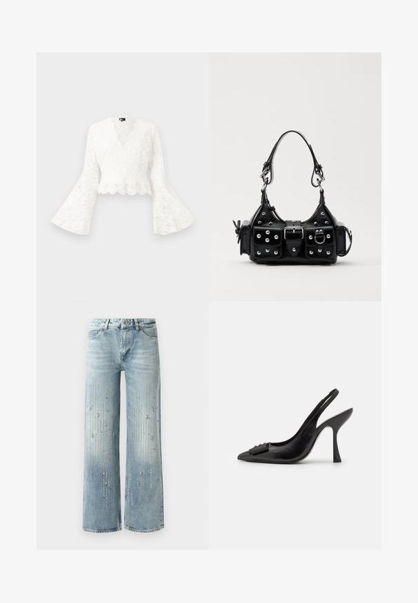 Bílá krajková zkrácená bunda s volnými rukávy, se zdobeným lemem a hlubokým výstřihem do V. Měkká textura s propracovanými květinovými vzory.; Světle modré široké džínové kalhoty s gradientním barevným efektem a zdobením stříbrnými rhinestony v vertikálním vzoru.; Černá kožená slingback obuv se špičatou špičkou, úzkým vysokým podpatkem a dekorativním mašličkovým prvkem. Hladká textura a elegantní design.; Černá kožená kabelka s křivkovým designem, zdobená stříbrnými hřebíky, s přezkou a dvěma bočními kapsami. Nastavitelný popruh pro různé možnosti nošení.