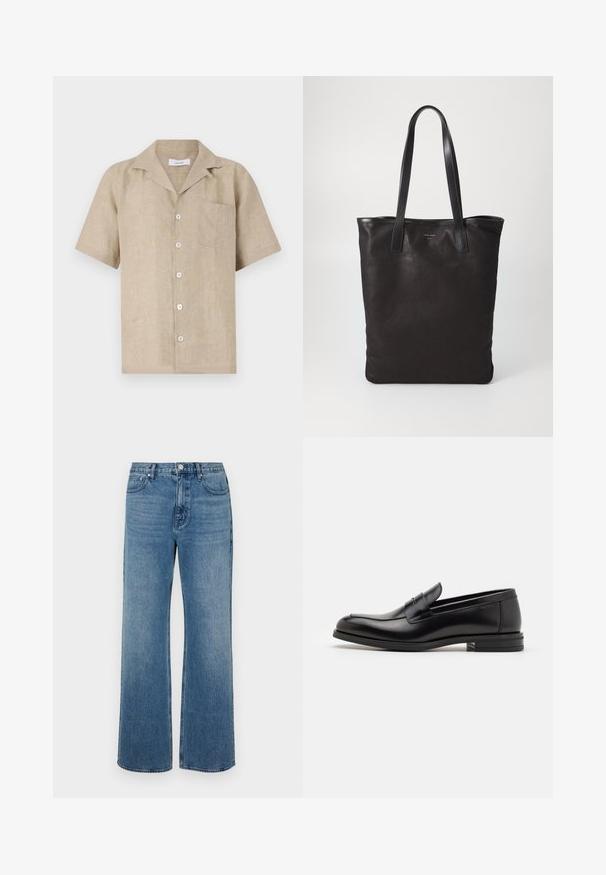 Koszula z krótkim rękawem z lnu w jasnym beżu, z kołnierzykiem, guzikami z przodu oraz kieszenią po lewej stronie klatki piersiowej. Teksturowany materiał o czystym designie.; Szerokie niebieskie dżinsy wykonane z denimu o wyblakłym wykończeniu. Posiadają pięć kieszeni, zapięcie na guzik z przodu oraz prosty krój.; Czarne skórzane mokasyny o gładkiej fakturze, zaokrąglonym nosku i dekoracyjnym pasku na przodzie. Niski, warstwowy obcas, minimalistyczny design.; Czarna torba na ramię z czarnymi skórzanymi uchwytami. Prosty design, pojemne wnętrze i gładka faktura. Bez widocznych logo ani wzorów.