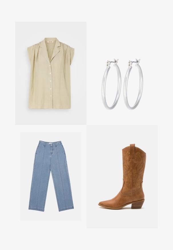 Helle beige Bluse mit kurzen Puffärmeln, Knopfverschluss vorne und leichtem Kragen. Hergestellt aus einem weichen, leichten Stoff.; Hellblaue weite Jeans aus Denim. Mit hoher Taille, Knopfschluss und sichtbaren Nähten. Auf der Vorderseite sind keine Taschen sichtbar.; Braune Leder-Cowboy-Stiefel mit spitzem Zehenbereich, bestickten Wirbelmustern am Schaft und einem gestapelten Blockabsatz. Verfügt über einen Ziehriemen für das einfache Anziehen.; Silberne Creolen mit einer glatten, polierten Oberfläche. Runder Form und sicherem Klickverschluss. Leichtes Design, geeignet für den täglichen Gebrauch.