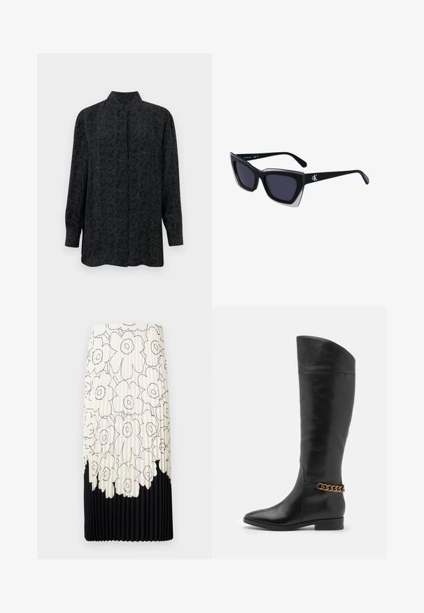 Zwarte lange mouwen shirt met een kraag, voorzien van een bloemenomtrekpatroon in donkergrijs. Gemaakt van gladde stof met een relaxte pasvorm.; Geplooide rok met een bloemenpatroon in zwart-wit, met een licht bovenste gedeelte met bloemen en een effen zwarte onderrand.; Hoge zwarte leren laarzen met een slank ontwerp, spitse neus en een gouden kettingaccent bij de enkel. Lage blokhak. Glad textuur.; Zwarte oversized zonnebril met een geometrische vorm, voorzien van donkere glazen en een contrasterend grijs detail op het montuur. Logo op de arm.