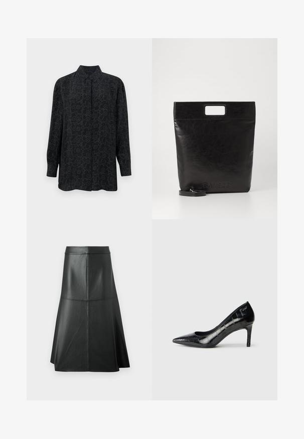 Black long-sleeve shirt with a collar, featuring a floral outline pattern in dark gray. Made of smooth fabric with a relaxed fit.; Black leather A-line skirt, smooth texture, mid-calf length, features horizontal stitching detail at the waist and seams for added structure.; Black pointed-toe high heels with a glossy finish and subtle textured pattern. Features a moderate heel and open throat design.; Black leather tote bag with a square handle, featuring a textured finish and embossed logo. Includes a detachable strap.