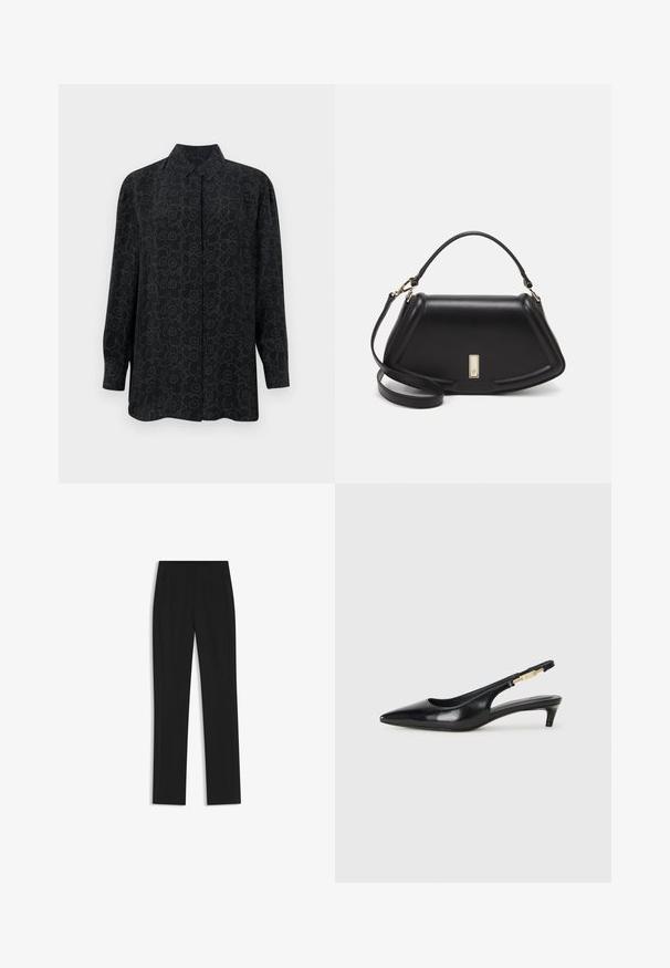 Schwarz langärmliges Hemd mit Kragen, das ein florales Umrissmuster in Dunkelgrau aufweist. Aus glattem Stoff mit einer lockeren Passform gefertigt.; Schwarze maßgeschneiderte Hose mit geradem Bein, ausgestattet mit Fronttaschen und einem glatten, strukturierten Stoff. Saubere, minimale Details.; Schwarze Leder-Slingback-Pumps mit spitzem Schuhblatt, ausgestattet mit einem schlanken Absatz und einem goldfarbigen Akzent am verstellbaren Riemen. Glatte Textur.; Schwarze Lederhandtasche mit einem strukturierten Design, das eine verkürzte Form, einen oberen Griff und goldfarbene Hardware-Details aufweist. Verstellbarer Schulterriemen ist enthalten.
