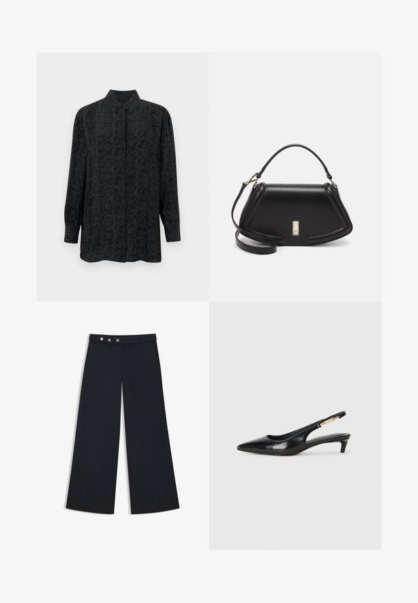 Zwarte lange mouwen shirt met een kraag, voorzien van een bloemenomtrekpatroon in donkergrijs. Gemaakt van gladde stof met een relaxte pasvorm.; Zwarte wijde broek met een gladde textuur, voorzien van een platte tailleband, een dubbele knopen sluiting en zijzakken.; Zwarte leren slingback hakken met een spitse neus, voorzien van een slanke hak en een goudkleurige accent op de verstelbare band. Gladde textuur.; Zwarte leren handtas met een gestructureerd ontwerp, featuring een verkorte vorm, bovenhandvat en gouden hardwareaccent. Inclusief verstelbare schouderband.