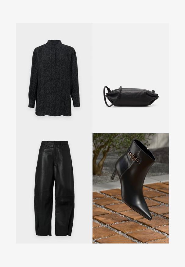 Black long-sleeve shirt with a collar, featuring a floral outline pattern in dark gray. Made of smooth fabric with a relaxed fit.; Black leather pants with a loose fit, featuring a straight leg design, front pockets, and visible stitching details.; Black leather ankle boot with pointed toe and small heel. Features a gold chain accent on the ankle. Surrounded by a textured stone surface.; Black leather clutch bag with a rectangular shape, smooth texture, thin shoulder strap, and minimalistic design.