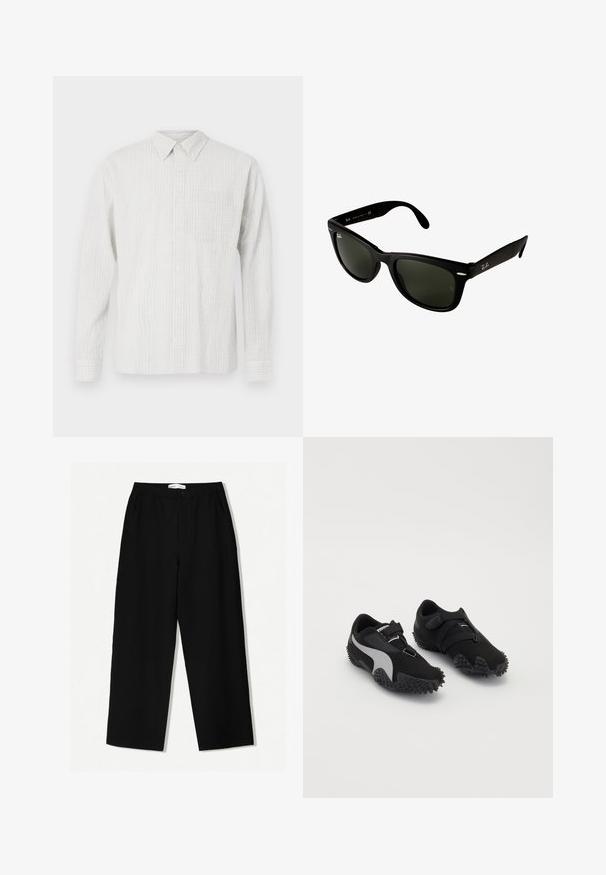 Long-sleeve button-up shirt in light gray with a textured check pattern, a front pocket, and a classic collar. Made from woven fabric.; Black wide-leg trousers with a textured fabric, featuring an elastic waistband and side pockets. Simple, minimal design without embellishments.; Black sports shoes with textured soles, a sleek silhouette, and a grey accent design; features a secure fastening strap and a lace closure.; Black plastic sunglasses with dark green lenses. Square frame design features silver accents and an embossed logo on the temple.; Black leather shoulder bag with a soft, smooth texture, curved top, and a rounded base, featured alongside light-colored pants.; Silver metal wristwatch with a square case, white dial, Roman numerals, and a silver link bracelet. Features a water-resistant design.