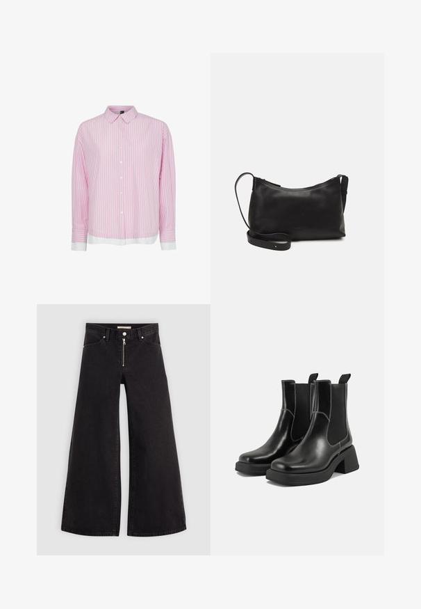 Camisa de rayas con líneas verticales rosas y blancas, con cuello y cierre de botones. Mangas largas con puños blancos. Material de mezcla de algodón.; Jeans de pierna ancha en denim negro con cierre frontal, diseño de cinco bolsillos y detalles de costura sutiles. Textura suave y estilo casual.; Botas Chelsea de cuero negro con tacón grueso, paneles laterales elásticos y costuras en blanco que contrastan. Acabado texturizado.; Bolso de hombro de cuero negro con una textura suave, forma curvada, correa ajustable y cierre con cremallera. Diseño minimalista sin adornos.