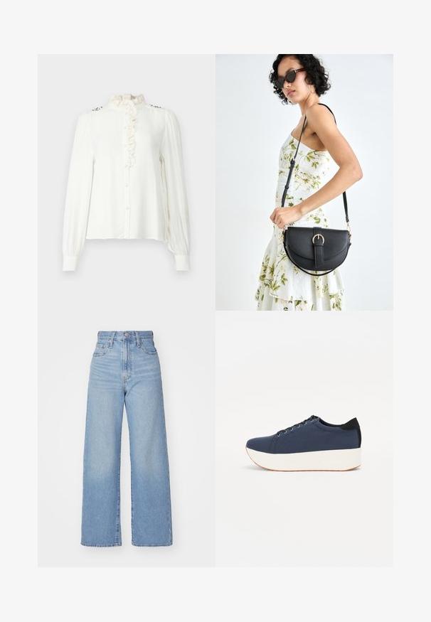 Blusa blanca de manga larga con cuello alto con volantes, cierre delantero de botones y detalles decorativos en los hombros. Tejido suave con un ajuste relajado.; Jeans de tiro alto y pernera ancha en azul claro, con cierre frontal de botón y cremallera, y bolsillos delantero y trasero, sobre un fondo blanco.; Zapatilla de color azul marino con parte superior de tejido texturizado, suela de plataforma blanca, punta redondeada y acento en el talón negro. Cuenta con seis ojales para los cordones.; Bolso de piel negra con forma curva, correa desmontable y herrajes dorados. El bolso cuenta con una solapa con un detalle de hebilla.