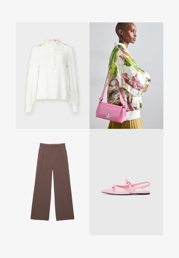 Blusa bianca a maniche lunghe con colletto alto arricciato, chiusura anteriore a bottoni e dettagli decorativi sulle spalle. Tessuto liscio con vestibilità morbida.; Pantaloni a gamba larga in tessuto marrone uniforme, con una trama liscia, pieghe frontali e una vita su misura. Senza loghi o motivi visibili.; Scarpe slingback rosa, piatte, con punta affusolata e due fiocchi decorativi. Materiale sintetico liscio, design minimalista e una sottile cinghia alla caviglia.; Giacca bomber foderata a fiori in verde, rosa e beige; abbinata a una borsa lucida rosa con catena e hardware logo.