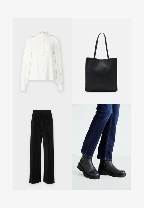 Balta ilga rankovė bluzonė su raukšlėtu aukštu kaklu, priekyje su sagų uždarymu ir dekoratyviniais akcentais ant pečių. Lygus audinys su laisvu siluetu.; Juodi plisuoti kelnės su elastine juosta. Turėkite plačias kojas ir glotnų, tekstūrinį audinį su vertikaliais dryžiais.; Juoda odinė kulkšninių botų su storu padu ir šoninėmis elastinėmis detalėmis, derinama su tamsiai mėlynomis džinsais. Žemė šviesios spalvos.; Juodas odinis tote krepšys su lygia tekstūra, stačiakampio formos ir dviem ilgais rankenomis. Matomų metalinių detalių ar puošybos nėra.