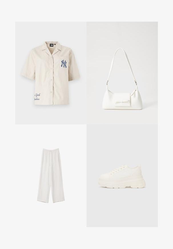 New Era SCRIPT REVERE SHIRT - Bluza s gumbima - light beige; Bijele hlače širokih nogavica napravljene od lagane tkanine. Imaju elastičan pojas s ušicom i bočne džepove. Glatka tekstura.; Bijela platnena tenisica s debelim potplatom, zaobljenim vrhom i pet rupica za vezice. Stražnji tab za jednostavno obuvanje. Glatka tekstura, minimalistički dizajn.; Bijela sintetička torbica s trokutastim oblikom, ravnim prednjim poklopcem i detaljem u obliku mašne, podesivom remenom, glatkom teksturom i minimalističkim dizajnom.