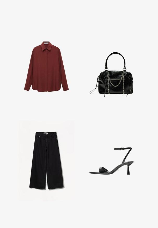 Langärmliges burgunderrotes Hemd mit spitzem Kragen, vorderem Knopfverschluss und lockerer Passform. Aus glattem Stoff mit minimalistischem Design gefertigt.; Bershka WIDE-LEG - Wide Leg - black; Bershka High Heel Sandalette - black; Bershka WITH CHAIN - Handtasche - black