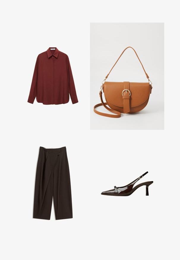 Long-sleeve burgundy shirt with a pointed collar, front button closure, and a loose fit. Made of smooth fabric with a minimal design.; Dark brown wide-leg trousers with a high waist, featuring a single button closure and a pleated front. Made from lightweight fabric.; Brown patent leather slingback shoe with pointed toe, low heel, and a decorative bow accent on the front. Smooth, shiny texture.; Brown leather crossbody bag with a curved shape, gold hardware, and a buckle accent. Features a detachable shoulder strap.