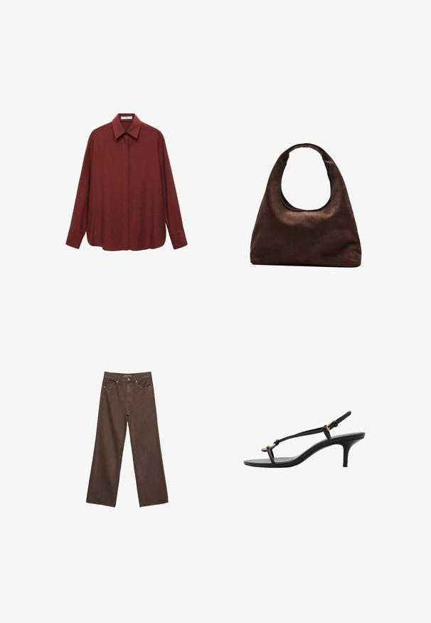 Camicia a maniche lunghe di color bordeaux con colletto a punta, chiusura frontale a bottoni e vestibilità ampia. Realizzata in tessuto morbido con un design minimale.; Jeans a gamba larga marroni in denim, con vita alta, tasche anteriori e chiusura a bottone classica. Tessuto liscio con cuciture sottili.; Sandal con zeppa kitten nera in pelle, con sottili cinturini, fibbia dorata e una minimalista fascetta per le dita su sfondo bianco.; Borsa hobo di un morbido marrone con una sola tracolla larga e un'apertura a manico curvo, esposta su uno sfondo bianco.