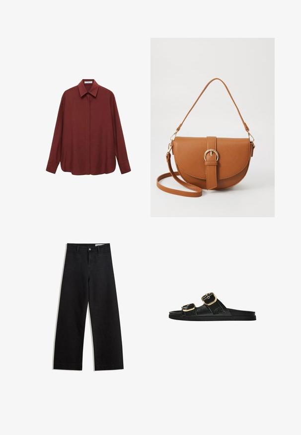 Camicia a maniche lunghe di color bordeaux con colletto a punta, chiusura frontale a bottoni e vestibilità ampia. Realizzata in tessuto morbido con un design minimale.; Pantaloni in denim neri a gamba larga con vita alta, dotati di tasche anteriori e posteriori, cuciture a punto, e chiusura con bottone. Texture liscia.; Infradito neri con due accenti di fibbia dorata, materiale dalla texture liscia, suola piatta e design minimalista.; Borsa a tracolla in pelle marrone con forma curvata, hardware dorato e un dettaglio con fibbia. Presenta una tracolla rimovibile.