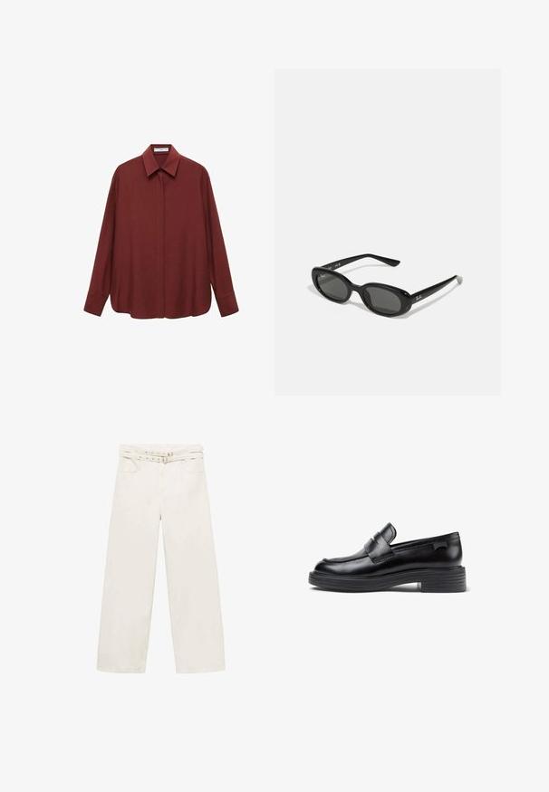 Bordeauxhemd met lange mouwen, een puntafwerking, voor knoopsluiting en een losse pasvorm. Gemaakt van een gladde stof met een minimaal ontwerp.; Harembroek in crème kleur van katoen. Heeft een ceintuurlijn, rits en twee zijzakken. Glad textuur, minimale stiksels.; Zwarte leren loafers met een afgeronde neus, voorzien van een gestikt ontwerp en een robuuste rubberen zool. Aangevuld met een decoratieve band.; Zwarte zonnebril met ovale lenzen, glanzend kunststof montuur en slanke armen. Bevat het Ray-Ban-logo in het wit aan de zijkant.