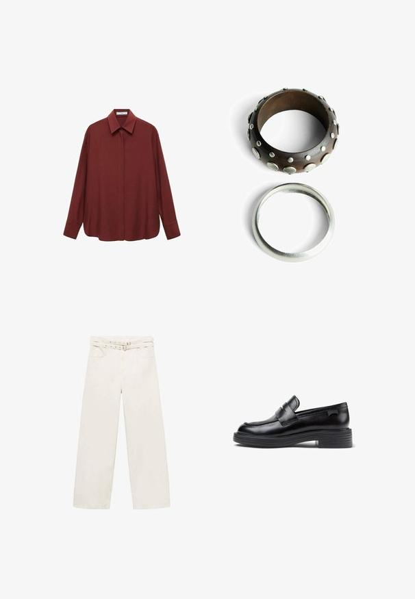 Long-sleeve burgundy shirt with a pointed collar, front button closure, and a loose fit. Made of smooth fabric with a minimal design.; Wide-leg, cream-colored trousers made from cotton. Features a belted waist, zip fly, and two front pockets. Smooth texture, minimal stitching.; Black leather loafers with a rounded toe, featuring a stitched design and a chunky rubber sole. Accented with a decorative strap.; Wooden ring with metallic studs, dark brown color, textured surface. Silver-colored smooth band ring, simple design.