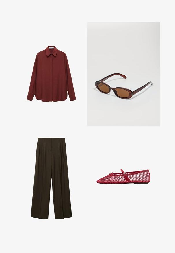 Košulja boje burgundy s dugim rukavima, šiljastim ovratnikom, prednjim zatvaranjem na gumbe i ležernim krojem. Izrađena je od glatkog materijala s minimalnim dizajnom.; Hlače širokih nogavica u tamno maslinastoj tkanini, s pregibima, ravnim krojem i glatkom teksturom. Nema vidljivih dijelova ili ukrasa.; Crvene mrežaste balerinke s izrezanim vrhom, s tankom trakicom i detaljem kopče. Gornji dio ima otvoreni uzorak u obliku saća.; Okvir okruglih, smeđkastih sunčanih naočala s sjajnim burgundskim okvirom. Uski nositelji s suptilnim brendiranjem. Ravna leća.