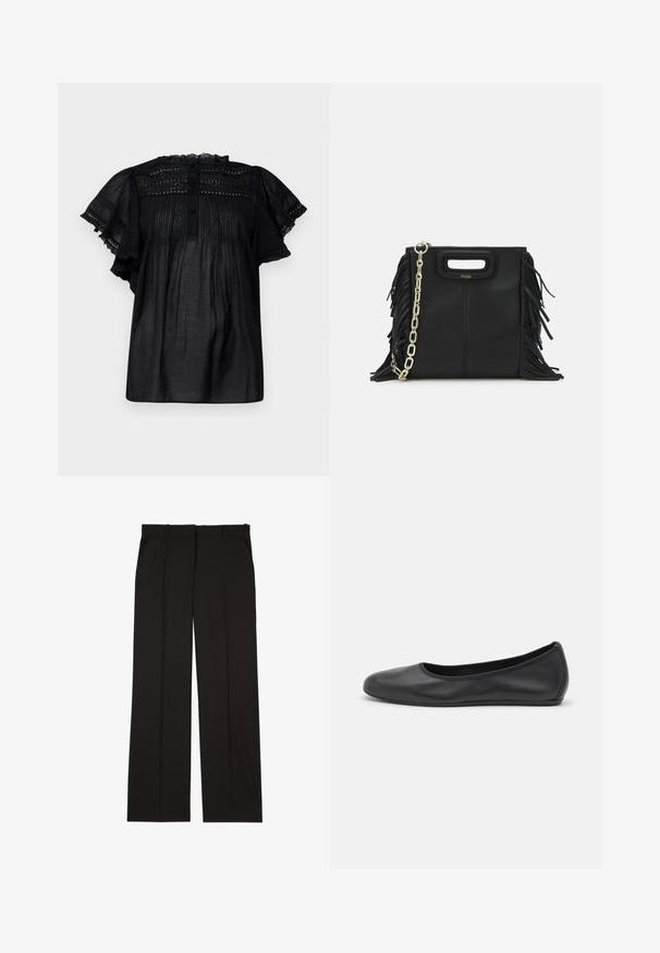 Vanessa Bruno CALISSON - Bluse - noir; Sorte skreddersydde bukser laget av et glatt stoff, med rett ben-design og to sidelommer. Elegant og minimalistisk konstruksjon.; Svart skinnballettflatt med rund tå, glatt tekstur, minimal sømdetalj, og et fleksibelt såledesign.; Svart læderhåndtaske med frynsedetaljer, guldkæde skulderrem og udskåret håndtag. Har logo placeret på forsiden.