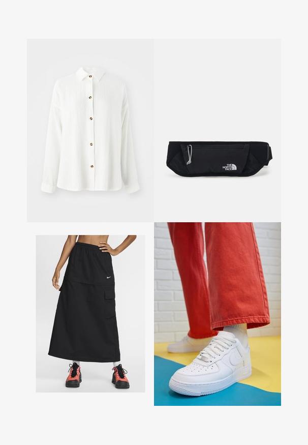 Balta garām piedurknēm krekls ar strukturētu audumu, ar pogām aizdaram priekšā, apkakli un brūnām poga akcijām. Mīksts, ikdienas dizains.; Melnā sportiskā maksi svārki ar elastīgu jostasvietu, ar priekšējo kabatu un Nike logo. Valkāti ar krāsainām sporta kedām.; Baltās ādas kedas ar perforētu purngalu, teksturētu zoli un baltām auklām, apvienotas ar platām sarkanām biksēm un zilu un dzeltenu fona.; The North Face SUNRISER RUN BELT UNISEX - Jostas soma - black/white