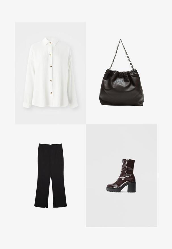 Hvid langærmet skjorte i tekstureret stof, knaplukning foran, krave og brune knapdetaljer. Blødt, afslappet design.; Sorte bukser med lige pasform, der har frontlommer og slidser i kanten. Lavet af blødt, glat stof. Velegnet til forskellige anledninger.; Glatte burgunder ankelstøvler med en chunky sort hæl, der har en glat tekstur og et simpelt design. Ingen synlige lukninger eller mønstre.; Brun lædertaske med en rynket top og en kædestrop. Glat tekstur med en blank finish og subtile sømdetaljer på siderne.