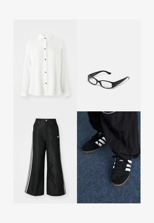 Valge pikade varrukatega särk tekstureeritud kangast, nööpidega ees, krae ja pruuni nööbi aktsentidega. Pehme, juhuslik disain.; Mustad mustadeline denimipüksid, millel on kummalgi küljel kolm valget triipu ja väike valge logo. Omab esikotte ja nööbiga kinnihoidmist.; Mustad nahast spordijalatsid kolme valge triibuga ja mustade kingapaeltega. Kingade kõrval on osaliselt nähtavad tekstureeritud mustad püksid.; Mustad mustad prillid selgete läätsedega. Läikiv viimistlus, kitsad vars, ja läätsede servadel on nähtav lilla varjund.