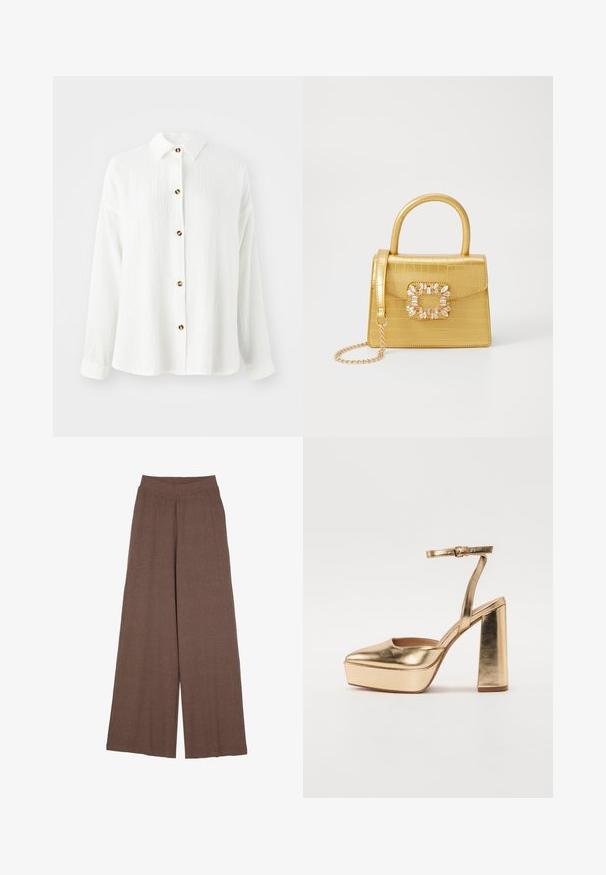Cămașă albă cu mânecă lungă dintr-un material texturat, cu nasturi pe față, guler și accente din nasturi maronii. Design moale și casual.; Pantaloni largi dintr-un material texturat, cu fâșii, într-o nuanță caldă de maro. Au un brâu fără cusături și o siluetă fluidă.; Cizme de platformă metalizate aurii cu nas ascuțit, curea la gleznă și toc pătrat. Design elegant cu o textură netedă și strălucitoare.; Geantă galbenă din faux-crocodil cu un design structurat, mână superioară, curea detașabilă cu lanț și embellisment decorativ cu cristale pe închidere.
