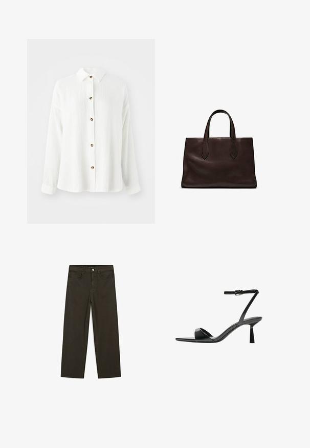 Witte overhemd met lange mouwen van een geweven stof, met knoopsluiting aan de voorkant, kraag en bruine knoopaccenten. Zacht, casual ontwerp.; Donkergroene wijde jeans van een katoenmix, met een sluiting met een voorste knop, vijf zakken en klassieke denimstiksels.; Bershka Sandalen met hoge hak - black; Bruine leren tote bag met twee verlengde handvatten, gestructureerde rechthoekige vorm, gladde textuur en subtiele stiksels.