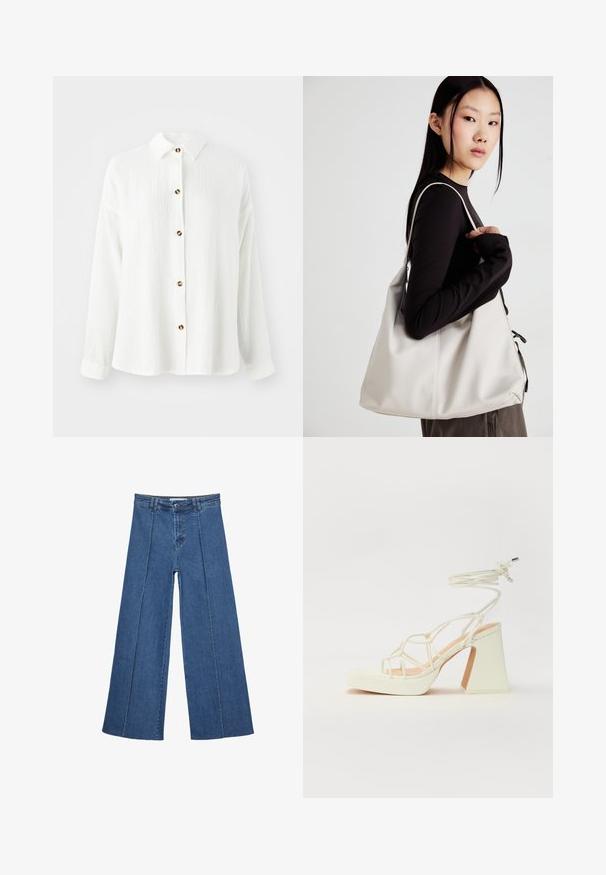 Witte overhemd met lange mouwen van een geweven stof, met knoopsluiting aan de voorkant, kraag en bruine knoopaccenten. Zacht, casual ontwerp.; Brede denim jeans in medium blauw, met een hoge taille, knoopsluiting en contrasterende verticale naden aan de voorkant.; Witte hoge hakken sandaal met een chunky hak, met een bandjesontwerp en enkelband. Gladde textuur met een plateau voor extra hoogte.; Beige handtas gemaakt van zacht materiaal, met een slonzig ontwerp, gestikte details en twee schouderbanden. Geschikt voor dagelijks gebruik.