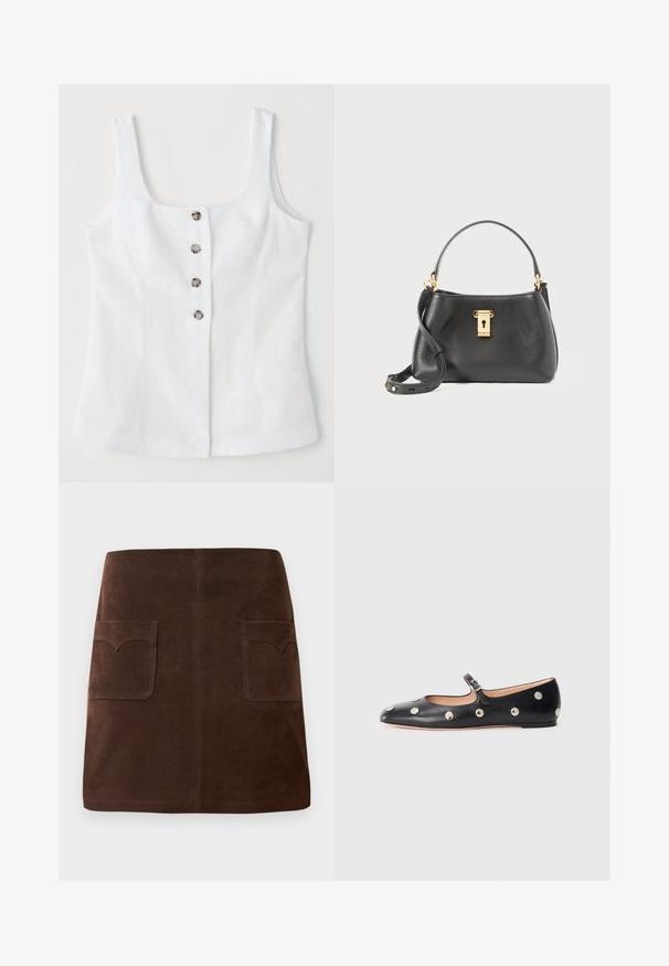 White linen top with a square neckline, five metallic buttons down the front, and wide shoulder straps. Smooth texture and tailored fit.; Brown suede skirt featuring a classic A-line shape, two front pockets with rounded flaps, and subtle stitching details.; Black leather Mary Jane flat shoe with a rounded toe, featuring silver circular studs and an adjustable strap with a buckle.; Black leather handbag with a textured finish, featuring a gold lock closure, short handle, and a detachable shoulder strap.