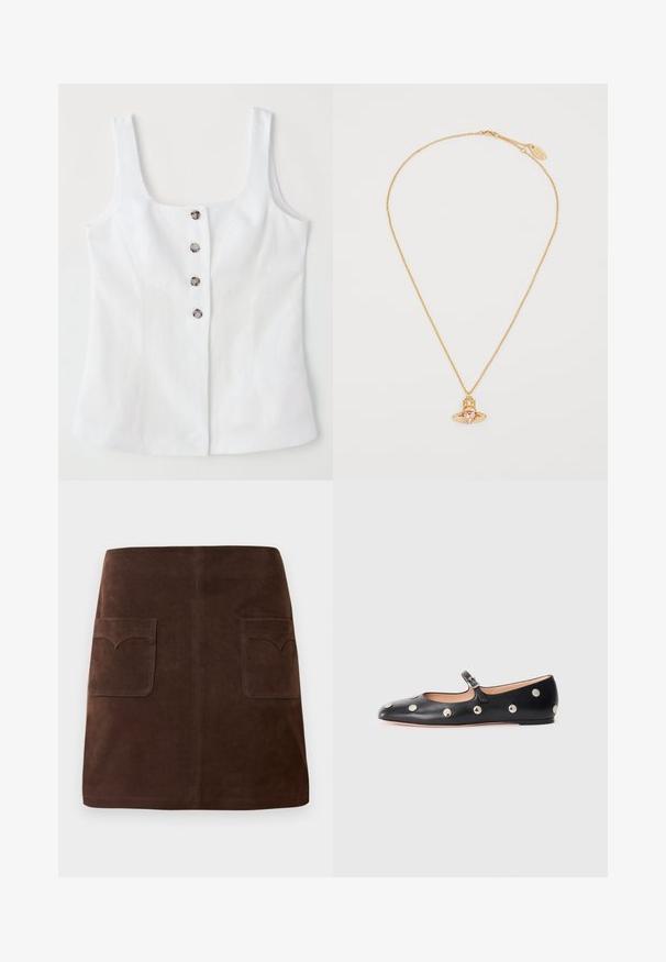 White linen top with a square neckline, five metallic buttons down the front, and wide shoulder straps. Smooth texture and tailored fit.; Brown suede skirt featuring a classic A-line shape, two front pockets with rounded flaps, and subtle stitching details.; Black leather Mary Jane flat shoe with a rounded toe, featuring silver circular studs and an adjustable strap with a buckle.; Gold chain necklace features a heart-shaped pink gemstone pendant with a geometric design and small clear accents.