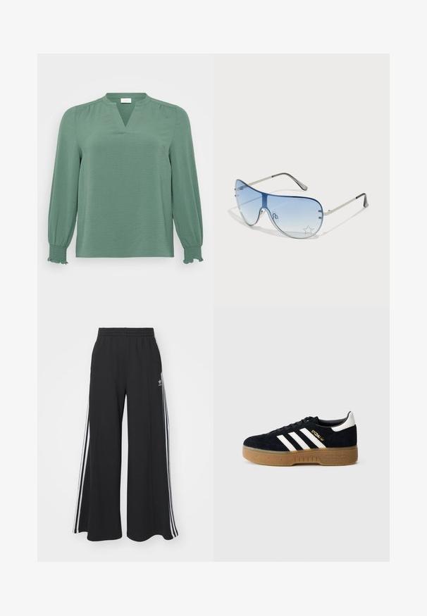 Green blouse with a v-neckline, long sleeves, and smocked cuffs. Made of textured fabric with a subtle sheen and relaxed fit.; Black wide-leg sweatpants with an elastic waistband, featuring white side stripes and an embroidered logo on the left thigh.; Black suede sneaker with white three stripes and gold branding. Gum sole with textured grip. Classic low-top design, rounded toe.; Aviator sunglasses featuring a gradient blue lens, silver metal frame, and decorative star accents on the lens. Smooth and sleek design.