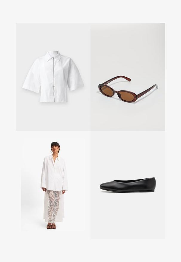 Blusa bianca a maniche corte con colletto e zip frontale. Texture liscia con un design minimalista, senza motivi o dettagli.; Camicia bianca con bottoni e maniche lunghe, abbinata a pantaloni in pizzo bianco trasparente con un motivo floreale e una lunga drappeggiatura sul retro. Sandali neri.; Paul Smith TOPANGA - Ballerine - black; Occhiali da sole rotondi con tonalità marrone, montatura lucida color bordeaux. Aste sottili con un sottile dettaglio del marchio. Design delle lenti piatte.