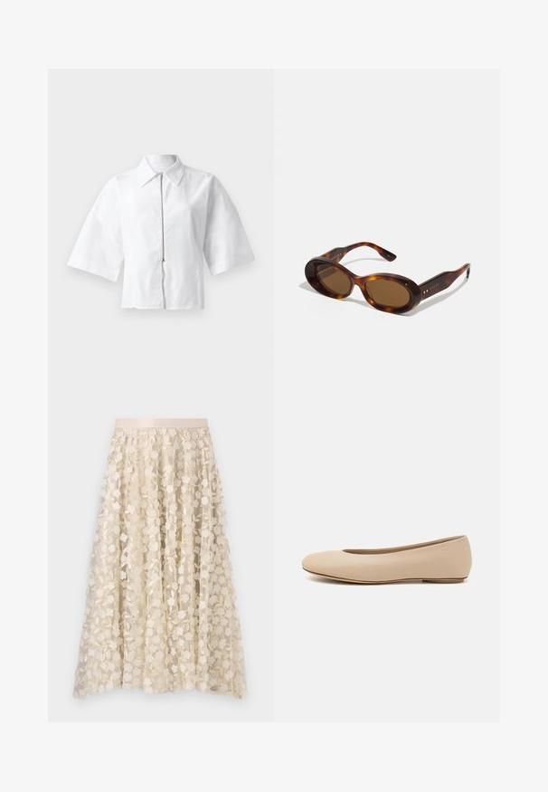 White short-sleeve blouse with a collared neckline and front zipper. Smooth texture with a minimalist design, no patterns or accents.; Floral embroidery on a sheer, cream-colored skirt with a satin waistband. The design features small, delicate flowers and leaves.; Beige leather ballet flat with rounded toe, minimal seam detailing, low heel, and subtle logo on the back. Smooth, matte texture.; Tortoiseshell sunglasses with oval lenses, brown tint, and gold accents on the arms. Thick frames with a glossy finish and smooth texture.