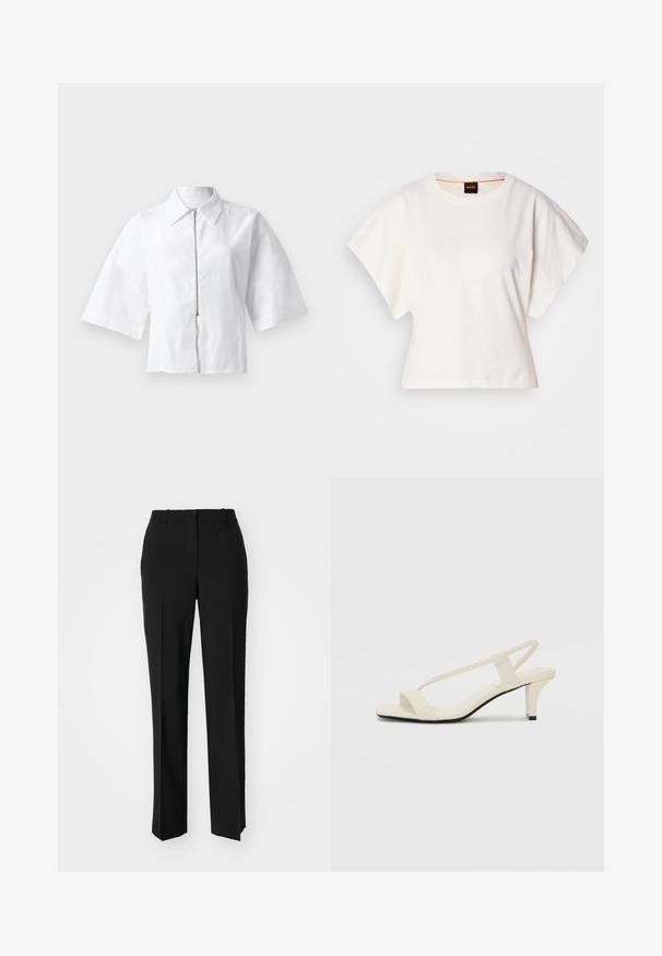 Valkoinen lyhythihainen pusero, jossa on kauluksellinen kaula-aukko ja etuvetoketju. Sileä pinta ja minimalistinen muotoilu, ei kuvioita tai koristeita.; Valkoinen lyhythihainen t-paita, leveät lyhyet hihat, pehmeää puuvillamateriaalia, pyöreä pääntie jossa hienovarainen oranssi reunus, minimaalinen muotoilu, ei kuvioita tai graafisia elementtejä.; Mustat räätälöidyt housut suoraa lahjetta, joissa on sileä pinta ja terävät taitteet edessä. Ei näkyvää metalliosaa.; Beige sandaalit, joissa on loiva korko, ohuet hihnat ja neliönmallinen varvasosa. Sileä materiaali, jossa on minimaalista yksityiskohtaa, suunniteltu helppokäyttöiseksi.