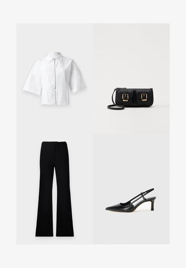 Weiße Bluse mit kurzen Ärmeln, Kragen und Reißverschluss auf der Vorderseite. Glatte Textur mit minimalistischen Design, ohne Muster oder Akzente.; Schwarze ausgestellte Hose mit einer glatten Textur, tailliertem Bund und Fronttaschen, entworfen mit einer eleganten, modernen Silhouette.; Schwarze Lack-Slingback-Pumps mit spitzem Zehenbereich, versehen mit strukturiertem Schlangenprint, verstellbarem Riemen und einem kurzen, strukturierten Blockabsatz.; Schwarze Leder-Umhängetasche mit zwei vorderen Taschen, goldenen Schnallen, Reißverschluss und einem schmalen Tragegurt. Texturierte Oberfläche und kompakte rechteckige Form.